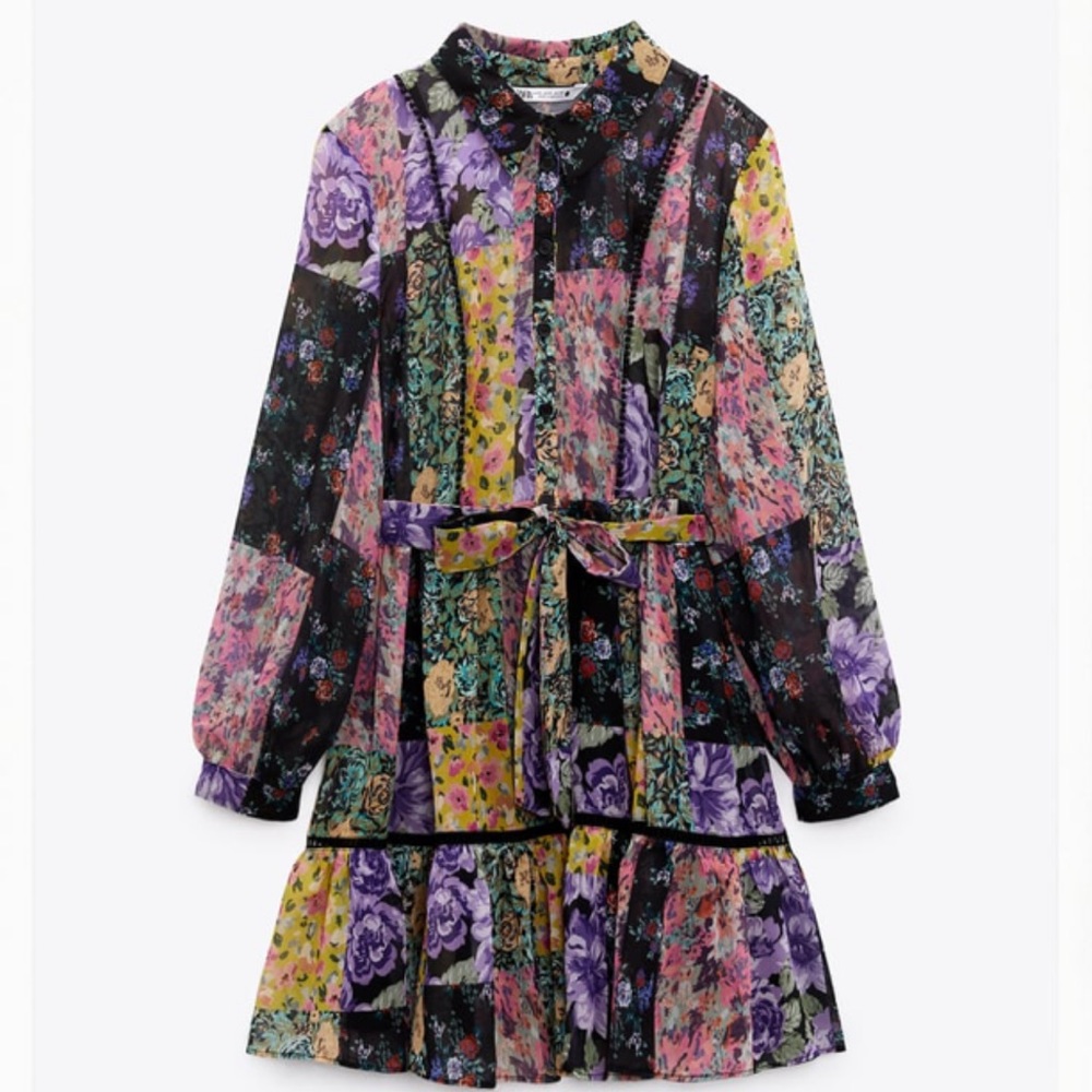 Zara Floral Patchwork Mini Dress - Black, Purple, Yellow